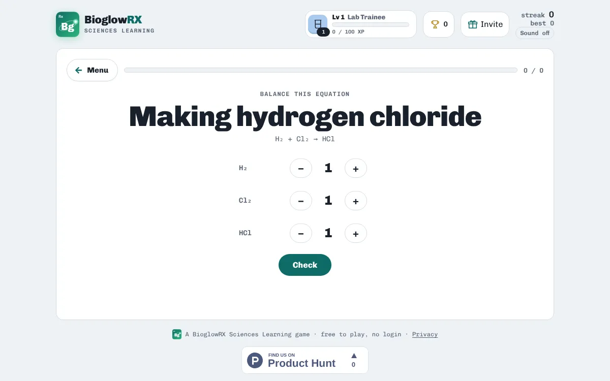 Balance It on BioglowRX: balancing chemical equations practice