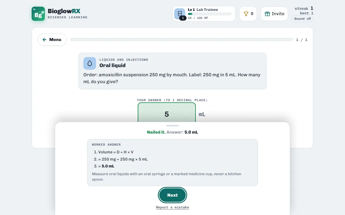 Dose Calc on BioglowRX: free dosage calculation practice